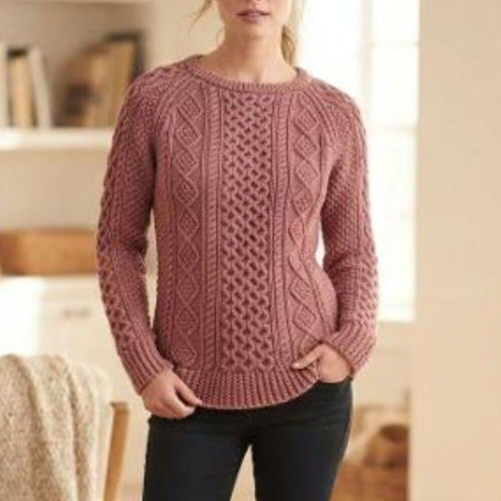 LL Bean Signature Women's Dusty Rose Cotton Fisherman Cable Knit Sweater XS